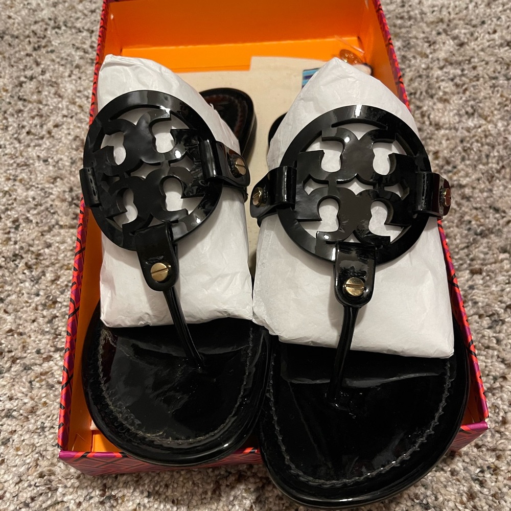 Black patent Miller sandals